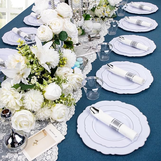 350PCS Silver Plastic Plates-Disposable White and Silver Plates 50guest Baroque - Image 3