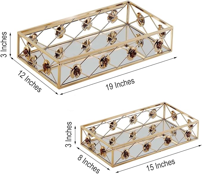 Efavormart Set of 2 Gold Metal Decorative Serving Trays Floral Bordered - Image 3