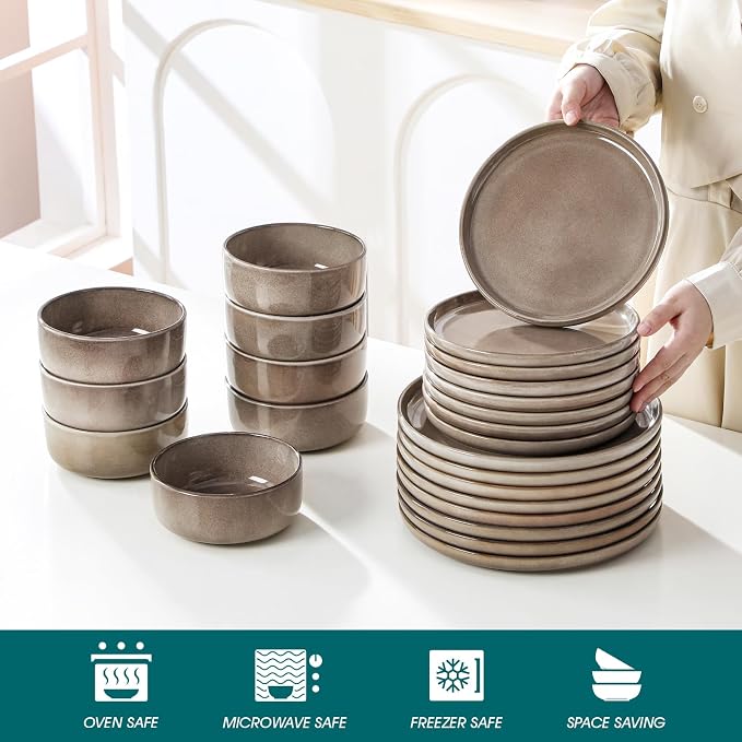 vancasso PLAYA Plates and Bowls Sets, 24 Pieces Dark Brown Dinnerware Sets - Image 4