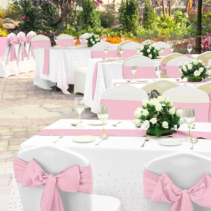 8Pack Disposable Plastic Tablecloths and Satin Table Runner Set White Pink Dot - Image 6