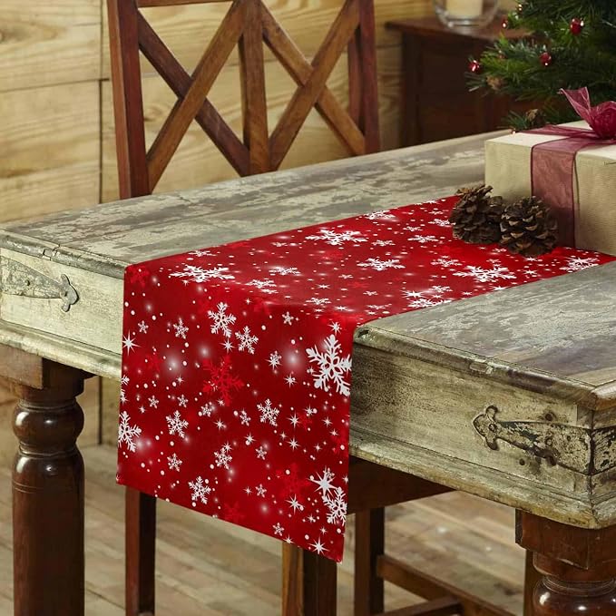 Red Christmas Table Runners 90 Inches Long, Cotton Linen Fabric Snowflake Table - Image 3