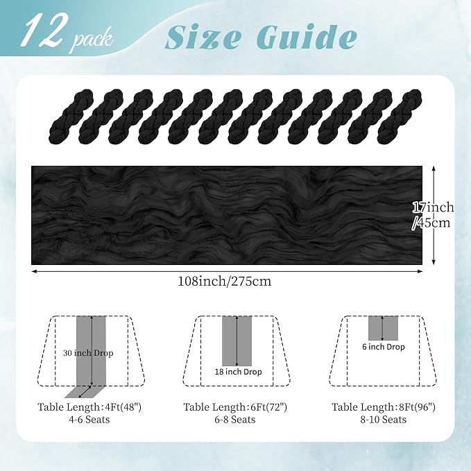 12 Pack Black Cheesecloth Table Runner 17x108 Inch Semi Sheer Boho Gauze Cheese - Image 2