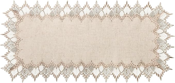 Phantomon Neutral Linen Table Runner 36 Inches Beige Embroidered Runner Lace by Phantomon