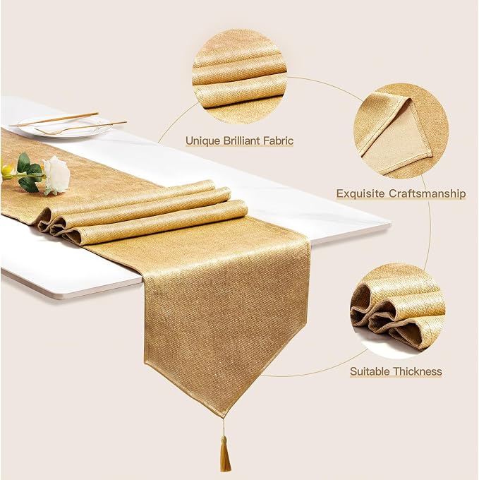BALCONY & FALCON Table Runner Faux Linen Shimmer Gold 14"x118" | Tasselled - Image 2