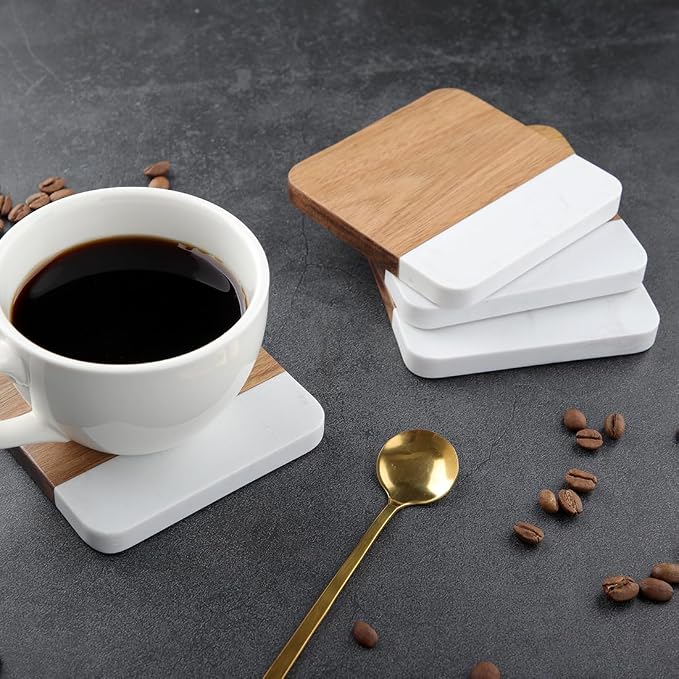 Acacia Wood Marble Coasters for Drinks Set of 4, Square Non-Slip Wooden Stone - Image 5
