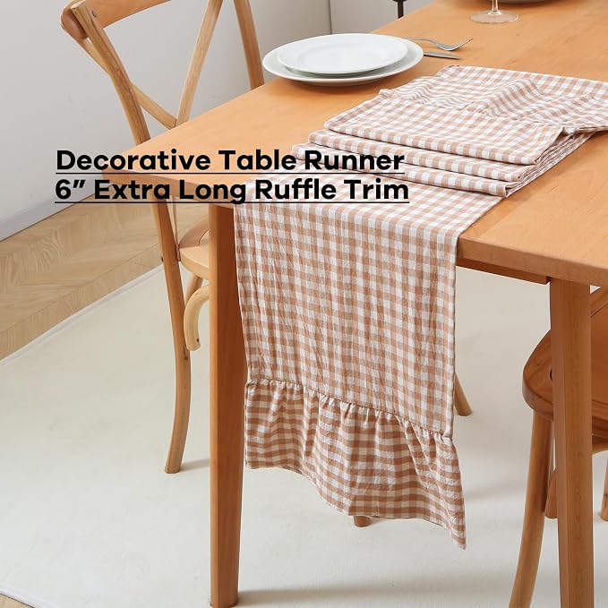 Taupe White Plaid Gingham Ruffle Table Runner 72 inches Long 100% Washed Cotton - Image 3