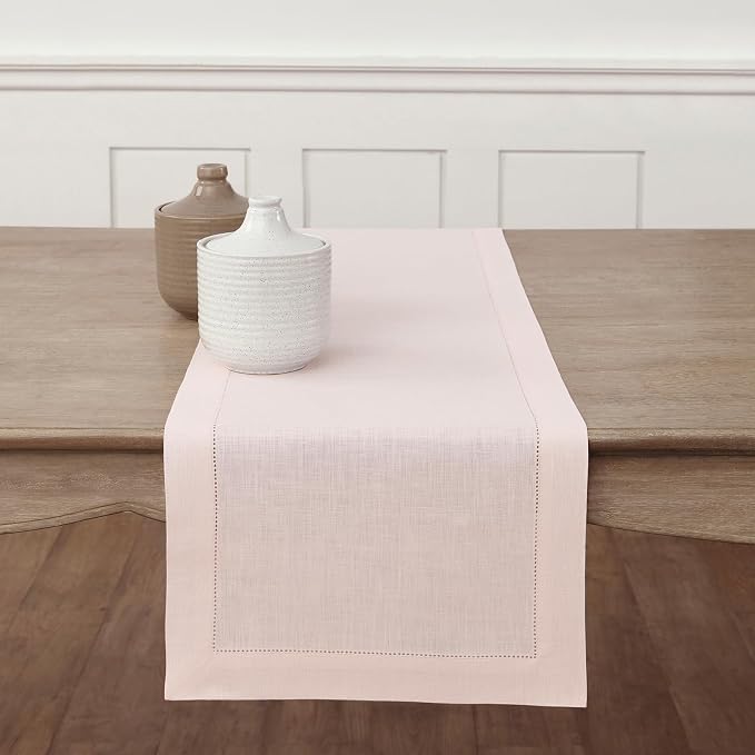 Solino Home 100% Pure Linen Dining Table Runner Pink Hemstitch, 14 x 144 in | by SolinoHome