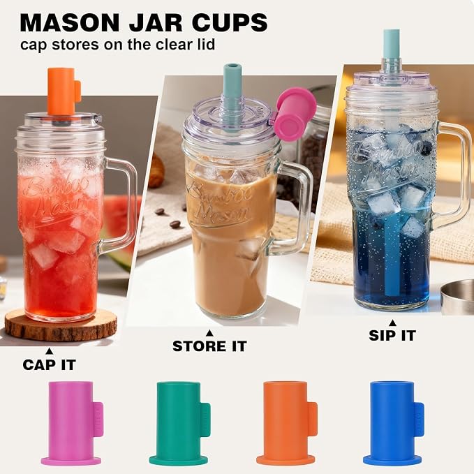 ANOTION Glass Tumbler With Handle Bamboo Mason Leakproof Mason Jar Cups with - Image 6
