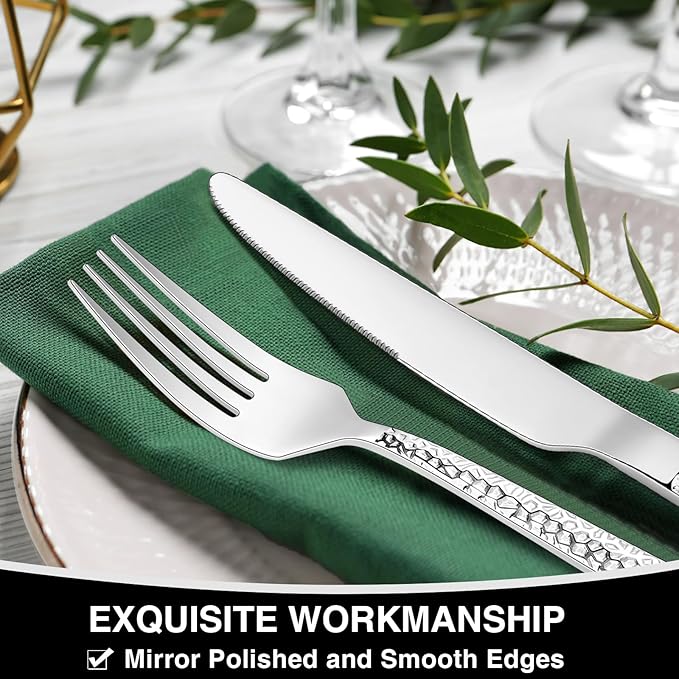 Hammered Silverware Set, 40-Piece Stainless Steel Square Flatware Set - Image 4