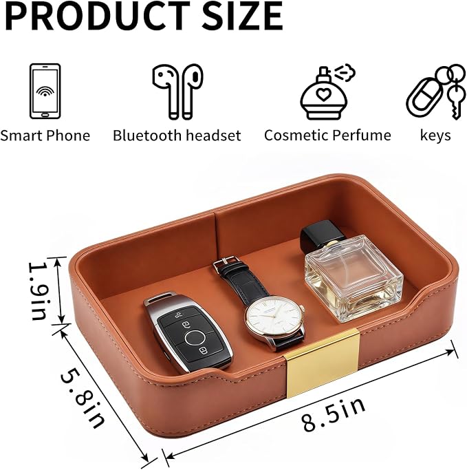 Luxury Leather Valet Tray Desktop Storage Organizer, Bedside Vanity Catchall - Image 3
