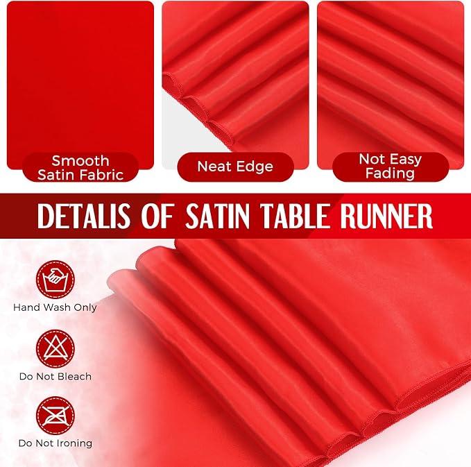 8 Pack White and Red Disposable Plastic Tablecloths and Satin Table Runner Set - Image 4