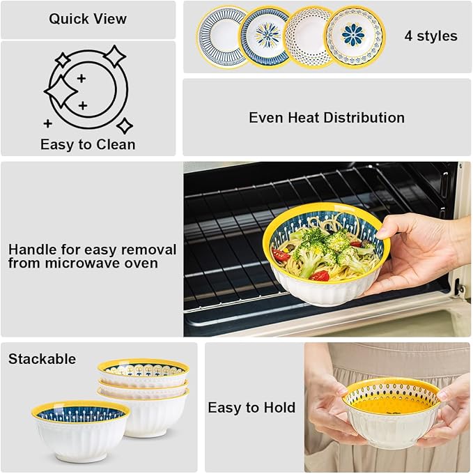 Yeacccng Bohemian Cereal Bowls Set of 4, 27 Oz Ribbed Exterior Ceramic Bowls - Image 7