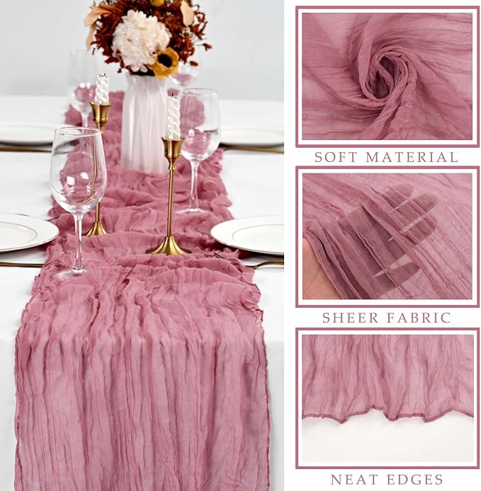 Dusty Rose 6 Pcs Cheesecloth Table Runner 10FT Runner - Image 2