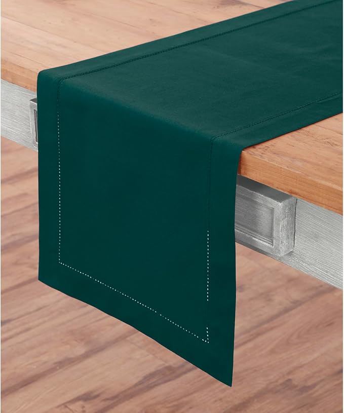 Solino Home Cotton Linen Table Runner Dark Green Hemstitch, 14 x 108 in | - Image 2