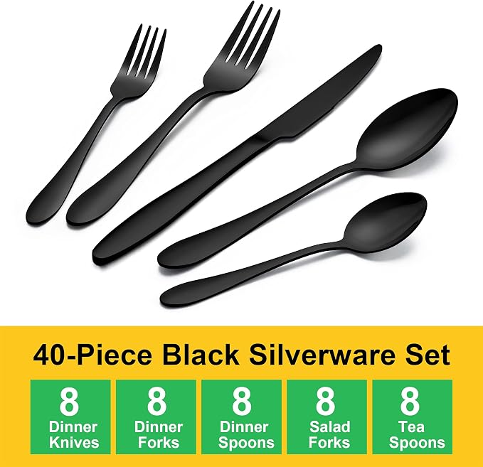LIANYU 40-Piece Black Silverware Set, Flatware Cutlery Set - Image 2