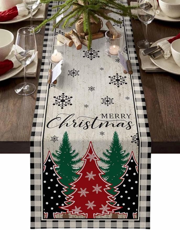 Christmas Trees Table Runner 72 Inches Long, Xmas Snowflake Retro Table Runners by Unknown