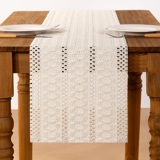 Ivory Boho Table Runner Farmhouse Macrame Woven Table Runner 12x48 Inch | Small - Image 3