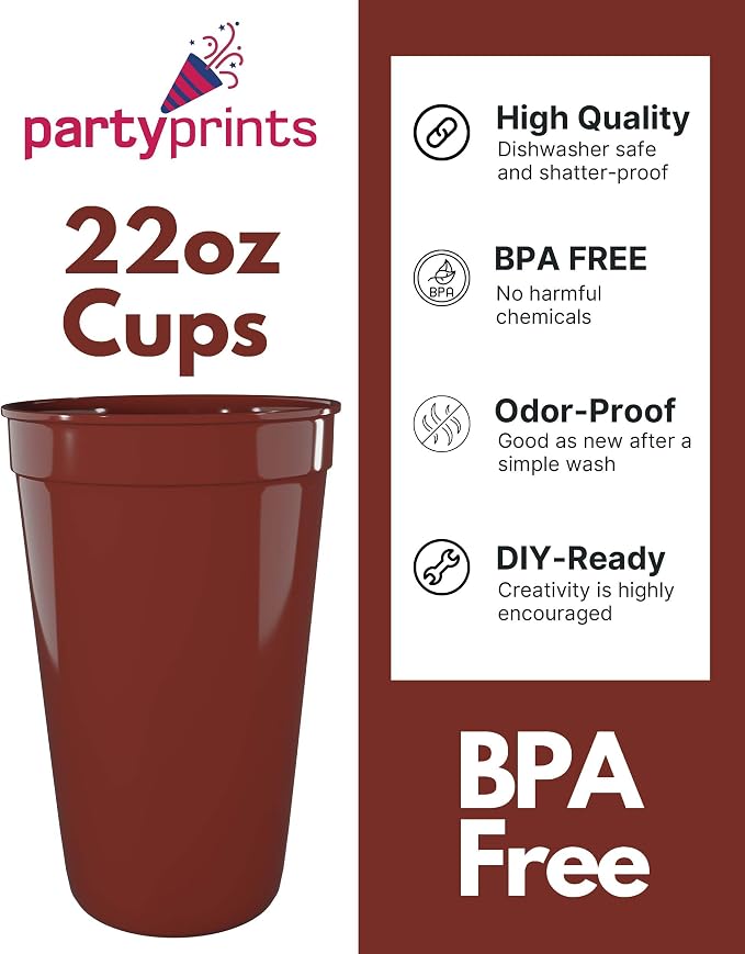 PartyPrints 10 Pack 22 oz Maroon Reusable Blank Plastic Cups, Colored Plastic - Image 2