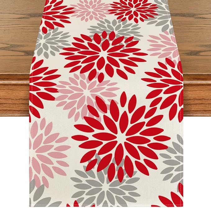 Artoid Mode Red Pink Dahlia Floral Pinnata Valentine Table Runner, Summer by ArtoidMode