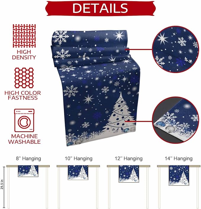 Navy Blue Christmas Tree Table Runner 48 Inches Long, Xmas Balls Snowflake - Image 7