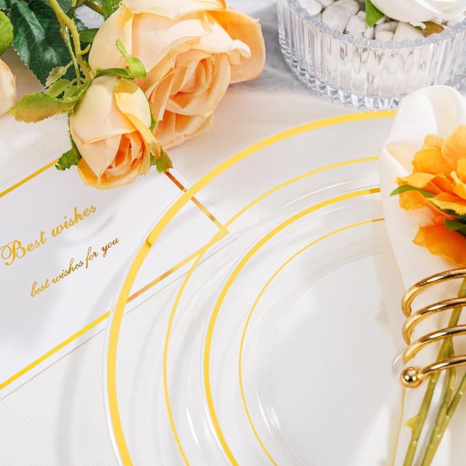 102 Pcs Clear Gold Plastic Plates, Premium Disposable Party Plates | Clear and - Image 2