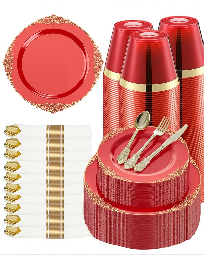 350 Piece Red Dinnerware Set for 50 Guests | Includes: 100 Gold Rim Plastic by GoodLuck