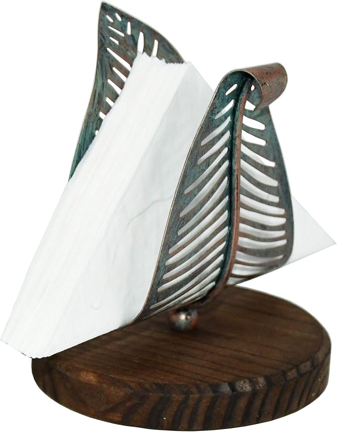 OwlGift Freestanding Modern Napkin Holder w/Golden Turquoise Metal Leaf & Brown - Image 3