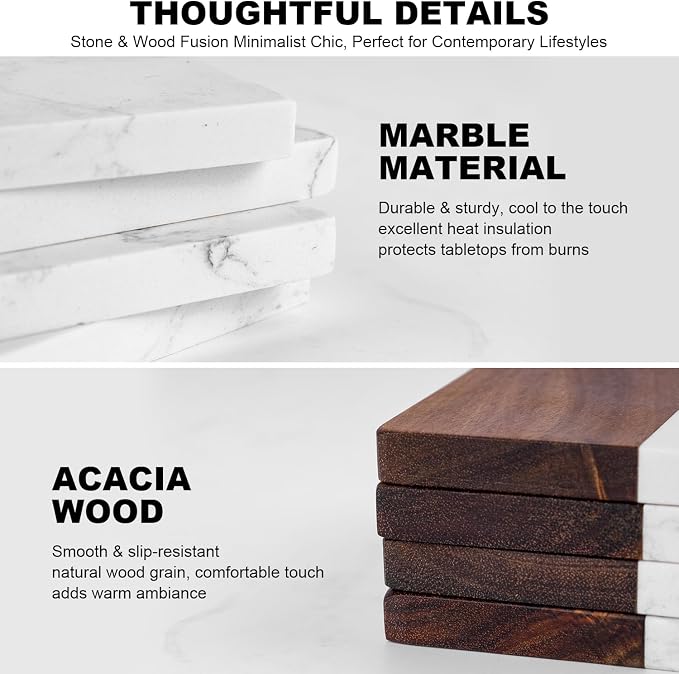 Marble Coasters: 4-piece Set of Acacia Wood Marble Coasters, Suitable - Image 2