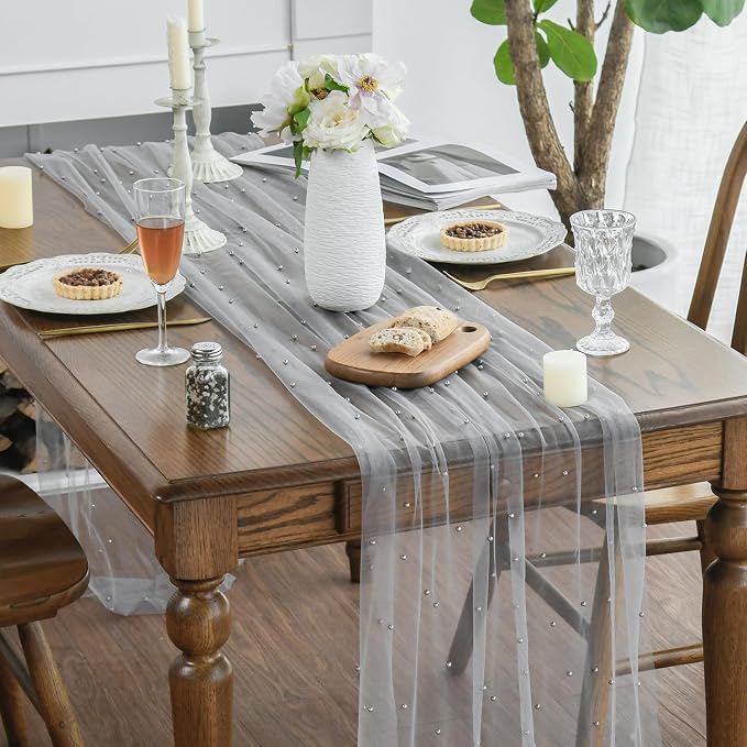 Artoid Mode 3PCS Pearl Grey Gauze Table Runner 120 Inch 10FT, Seasonal Sheer - Image 4