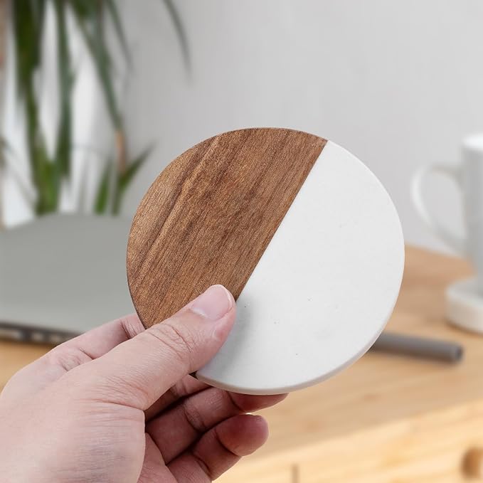 Marble Coasters: 4-piece Set of Acacia Wood Marble Coasters, Suitable - Image 9