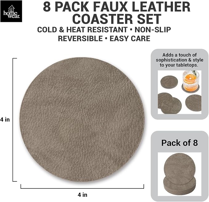 Set of 8 Morgan Faux Leather 4 Inch Round Coasters, Heat & Water Absorbent - Image 2