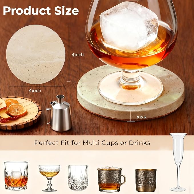 Travertine Stone Coasters Set of 2, Durable Non-Slip Cup Mats, Table Protection - Image 3