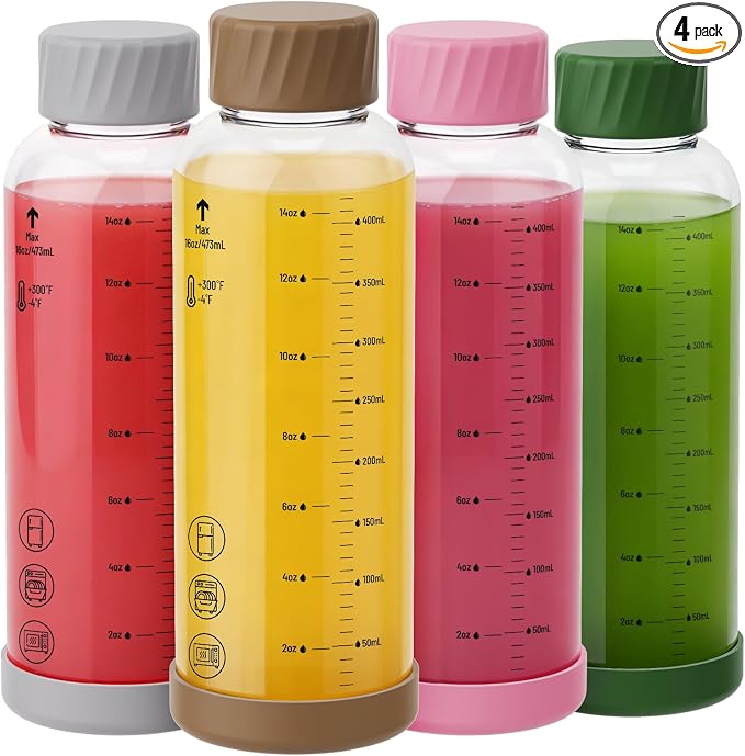 16 oz Glass Juice Bottles 4 Pack, Leakproof Borosilicate Glass Bottles | by Sursip%C2%AE