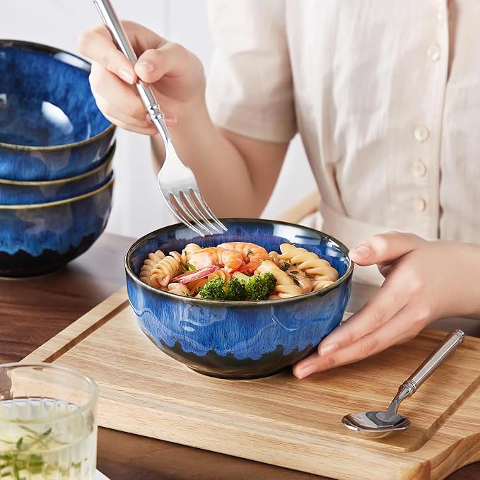 vancasso Starry 24oz Bowls for Soup, Ceramic Blue bowls Set of 4 | Deep Bowls - Image 5