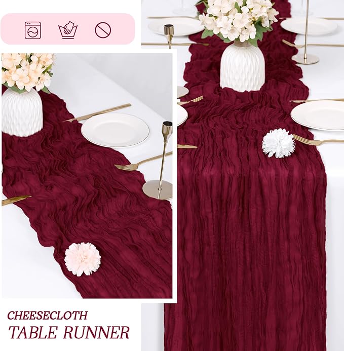 3 Pack Burgundy Cheesecloth Table Runner 17x108 Inch Semi Sheer Boho Gauze - Image 6