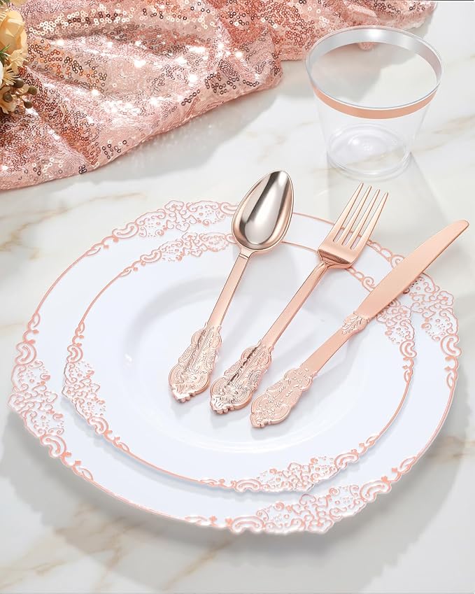 350 Piece Rose Gold Plastic Dinnerware Set - Image 4