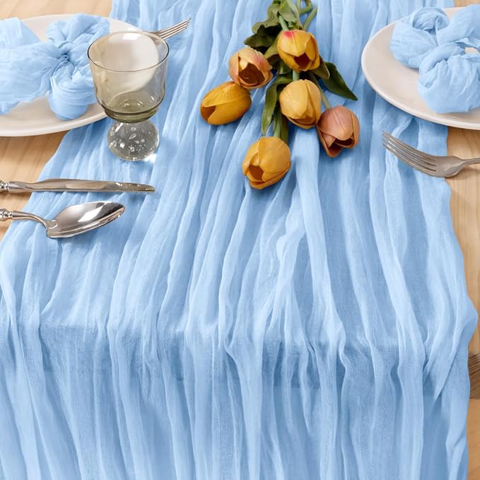 2 Pack Baby Blue Cheesecloth Table Runner 10ft Baby Shower Table Decor | - Image 2