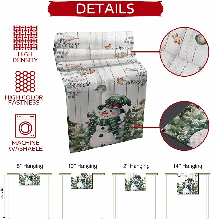 Christmas Snowman Table Runner 108 Inches Long, Xmas Trees Eucalyptus Leaves - Image 7