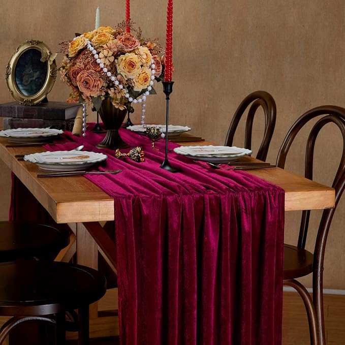 Burgundy Velvet Table Runner 29x120 Inch Luxury Retro Christmas Runners | 10ft - Image 4