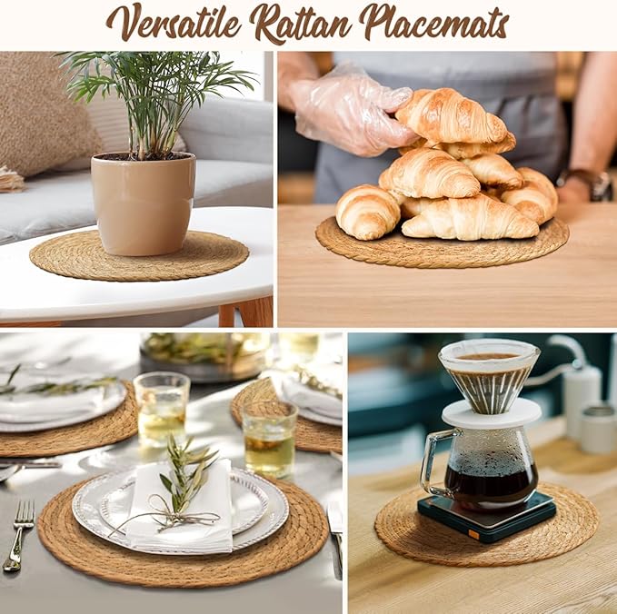 13 in Round Woven Boho Placemats Set of 8, Wicker Rattan Place Mats Chargers - Image 6