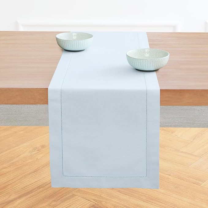 Solino Home Cotton Linen Table Runner Blue, Hemstitch Collection 14 x 72 in | by SolinoHome