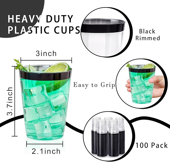 DaYammi 100 Pack Black Plastic Cups 10Oz Clear Disposable Cups - Image 9