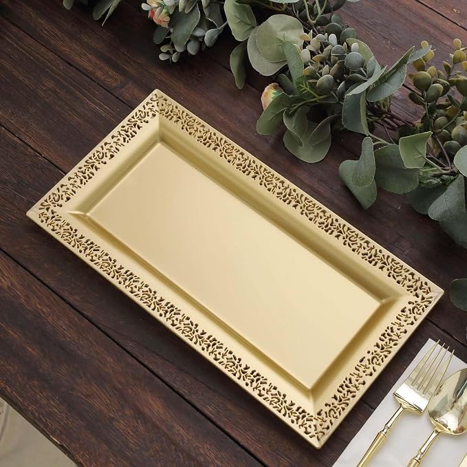 Efavormart 4 Pack | 14" Gold Lace Print Rectangular Plastic Serving Trays - Image 9