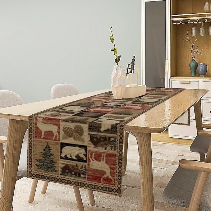 Retro Rustic Table Runner, Vintage Moose Deer Bear Leaf Tree Country Style - Image 2