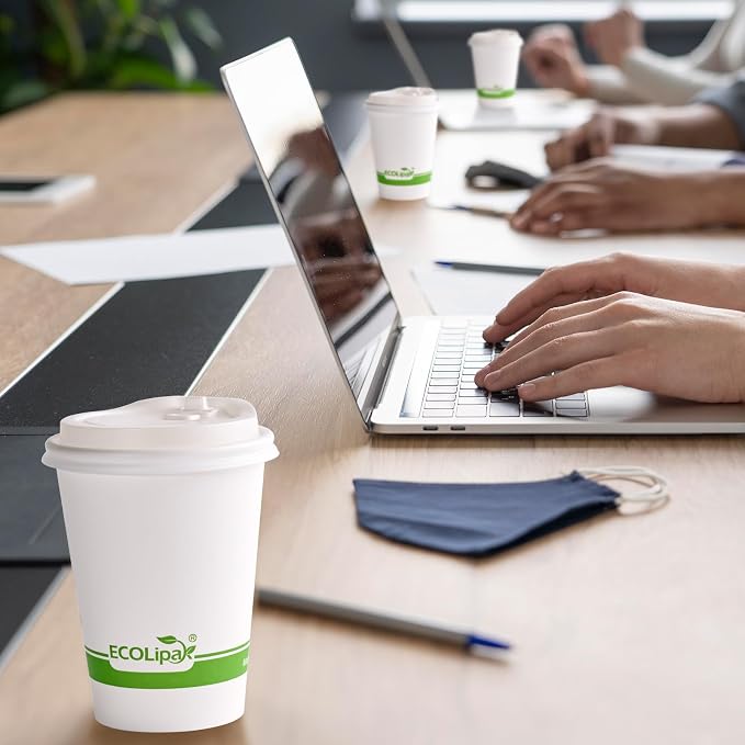 ECOLipak 100 Count 12 oz Compostable Paper Coffee Cups - Image 5