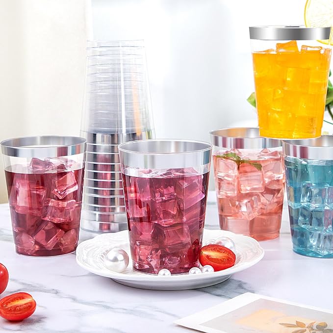DaYammi 200 Pack Silver Plastic Cups 10 Oz Clear Plastic Cups Silver Rimmed - Image 4