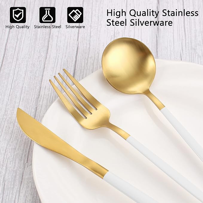 VANVRO Matte White Gold Silverware Set, 40-Piece Stainless Steel Flatware Set - Image 4