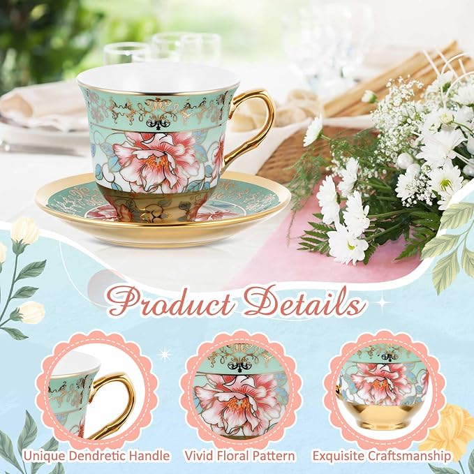 Teenyyou Set of 6 Tea Cups and Saucers Tea Party Decorations Floral Porcelain - Image 7