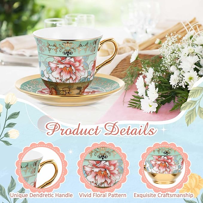 Teenyyou Set of 12 Tea Cups and Saucers Tea Party Decorations Floral Porcelain - Image 7