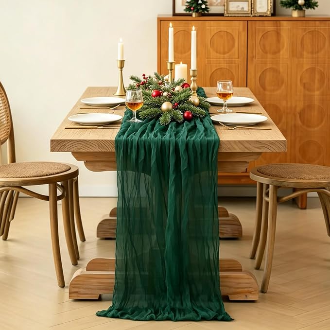 Christmas Table Runner, 10FT Cheesecloth Emerald Green Table Runners 35*120inch - Image 4